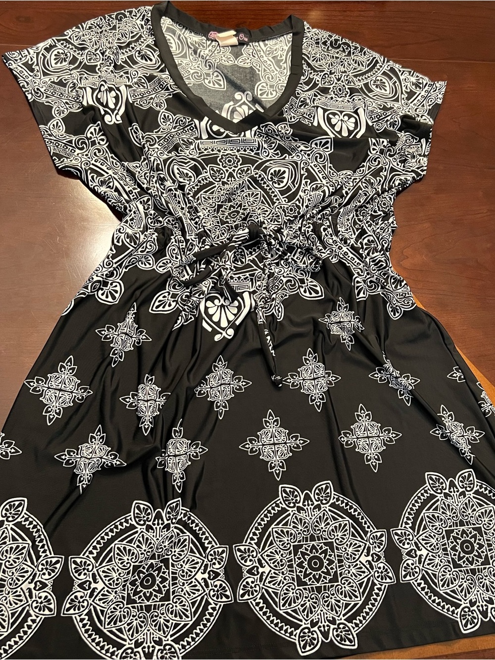 Black & White Medallion Print Mini Dress with Drawstring